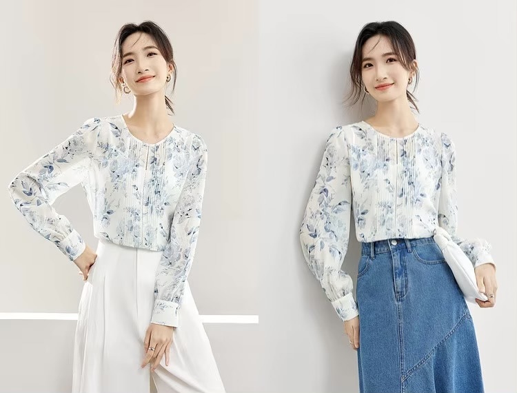 Chiffon Blouse and Cami 2-Piece   Women’s floral Printed Chinese Style Fashion Hollow Out Straight ruffles Shirt Camisole Tops for woman in blue Long sleeves round boatneck collar button-up lace ruffled semi-transparent flowers shirts with spaghetti straps tank top  #143V57361X
