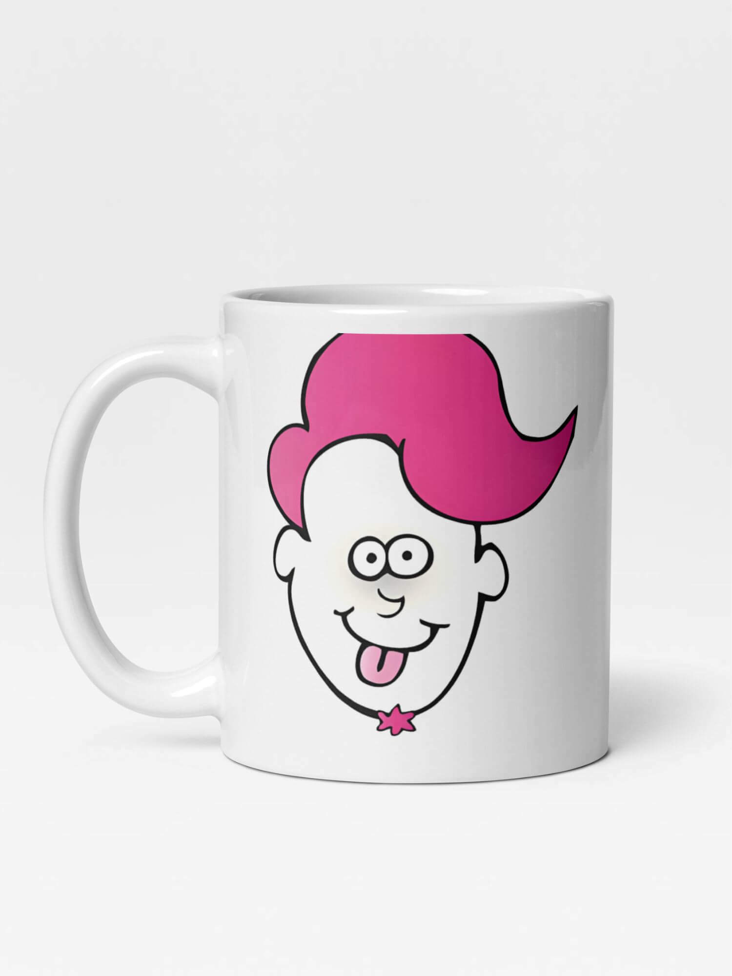 Glossy Silly Man Mug       Cartoon Men’s face character drinks cup coffee, tea, juice, milk drinking cups miteigi branded product item tumblers ceramics in white with pink multicolor pattern Ceramic Anime Gifts mens funny facial expression souvenirs mugs