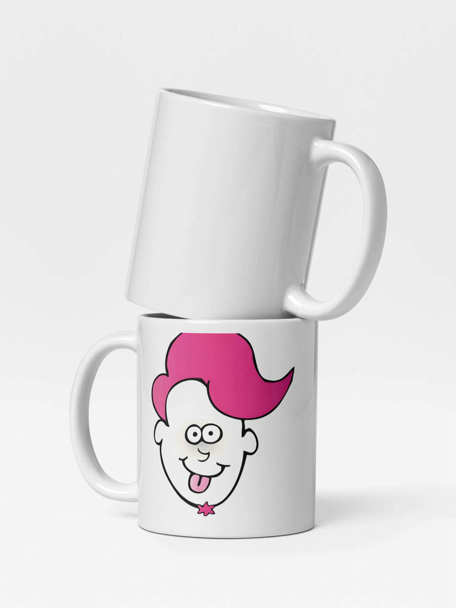 Glossy Silly Man Mug       Cartoon Men’s face character drinks cup coffee, tea, juice, milk drinking cups miteigi branded product item tumblers ceramics in white with pink multicolor pattern Ceramic Anime Gifts mens funny facial expression souvenirs mugs