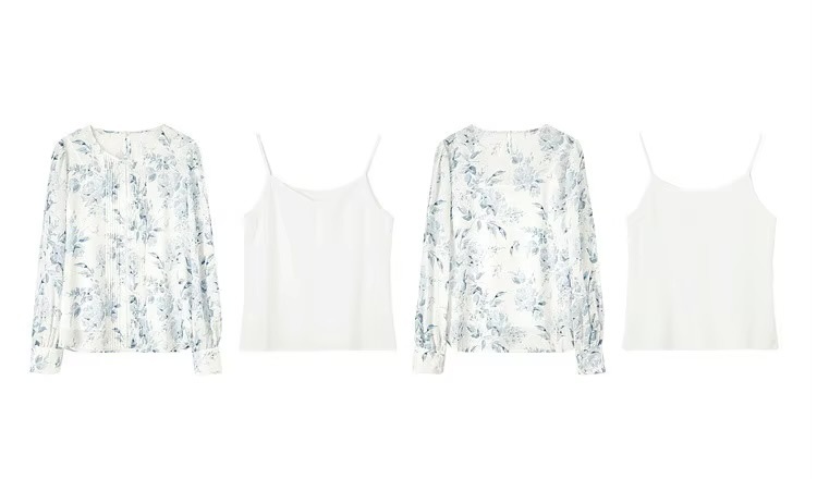 Chiffon Blouse and Cami 2-Piece   Women’s floral Printed Chinese Style Fashion Hollow Out Straight ruffles Shirt Camisole Tops for woman in blue Long sleeves round boatneck collar button-up lace ruffled semi-transparent flowers shirts with spaghetti straps tank top  #143V57361X