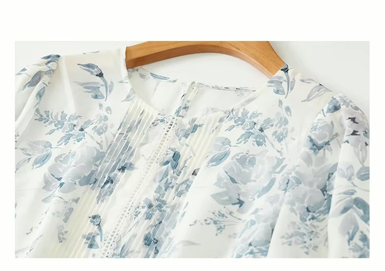 Chiffon Blouse and Cami 2-Piece   Women’s floral Printed Chinese Style Fashion Hollow Out Straight ruffles Shirt Camisole Tops for woman in blue Long sleeves round boatneck collar button-up lace ruffled semi-transparent flowers shirts with spaghetti straps tank top  #143V57361X