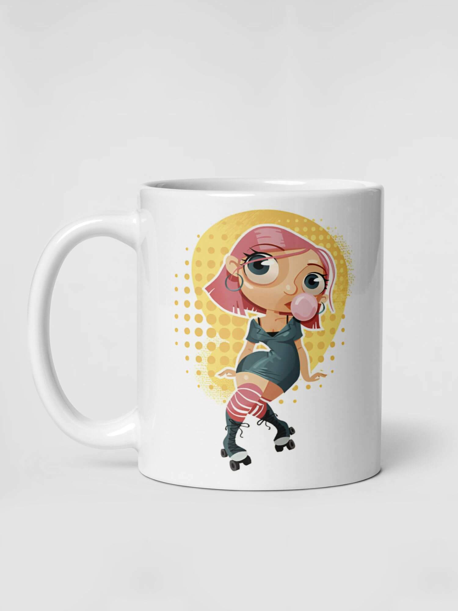Glossy Rollerchick Mug       Japan Cartoon roller skater girl character drinks cup coffee, tea, juice, milk drinking cups miteigi branded product item tumblers ceramics in white with yellow green multicolor pattern Ceramic Anime Gifts girls skates roller-skating chicks rollerblades Japanese souvenirs mugs