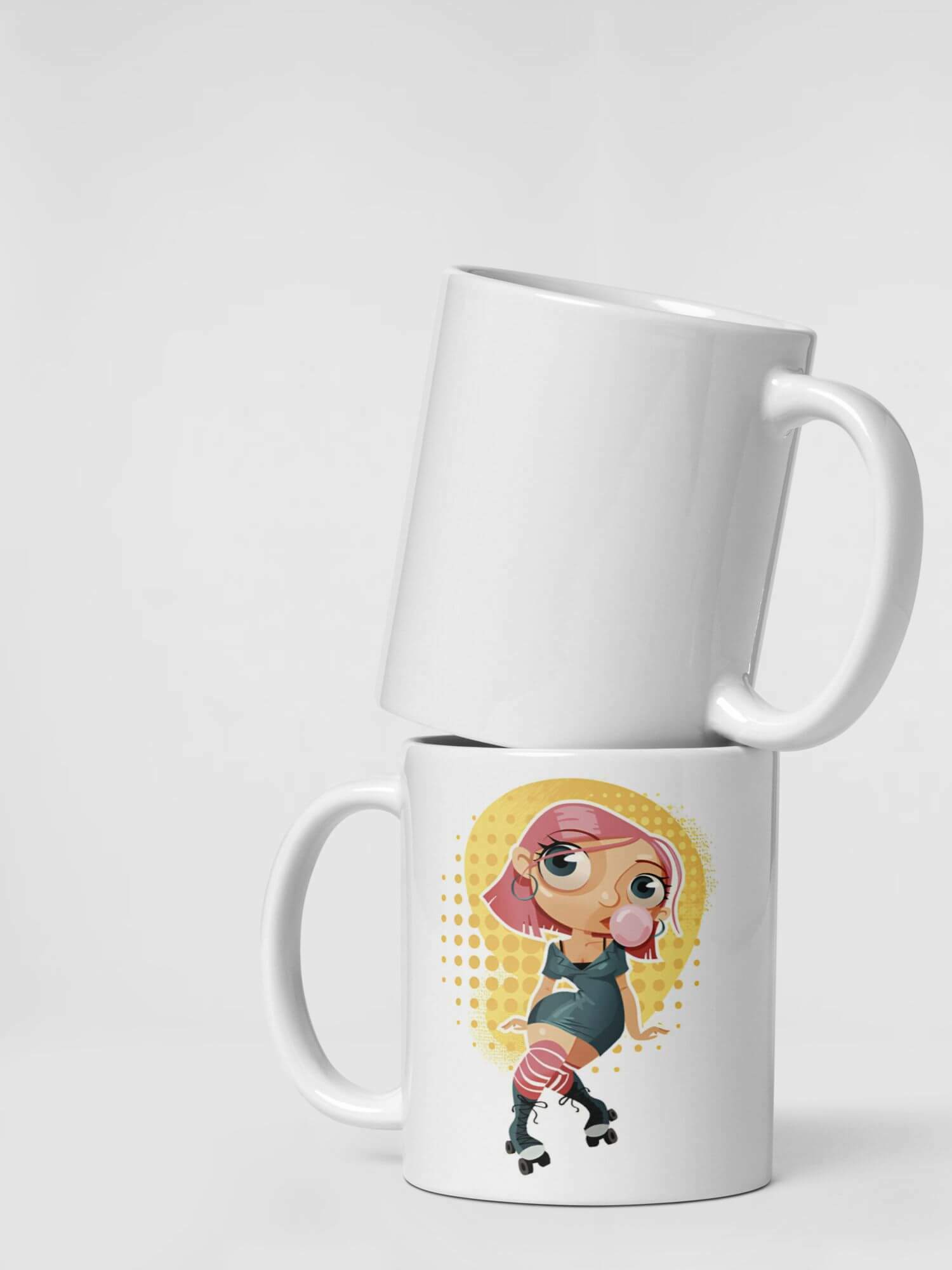 Glossy Rollerchick Mug       Japan Cartoon roller skater girl character drinks cup coffee, tea, juice, milk drinking cups miteigi branded product item tumblers ceramics in white with yellow green multicolor pattern Ceramic Anime Gifts girls skates roller-skating chicks rollerblades Japanese souvenirs mugs