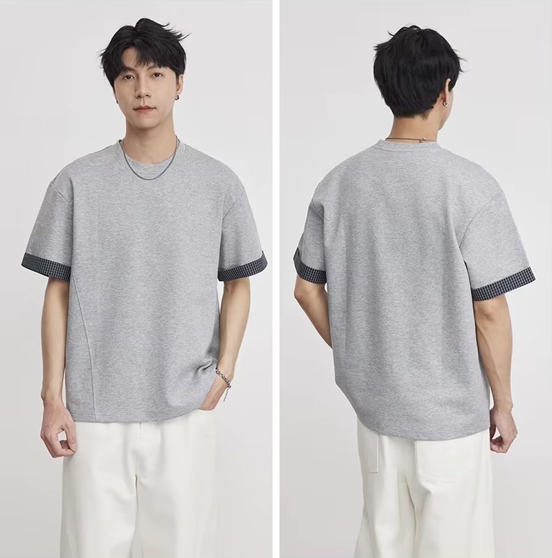 Men&rsquo;s man mens petite-, tall-, plus-, size Heavyweight 260g Contrast Cuff Casual Short Sleeves with dark grey plaid band T-Shirt round O-neck Summer Crew Neck Slightly Loose Mamba Cotton Commute Fashion Top in Gray grey