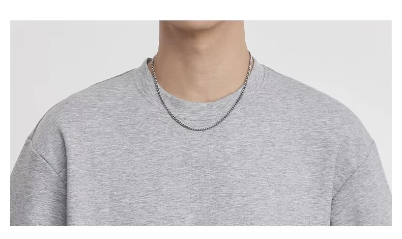 Men&rsquo;s man mens petite-, tall-, plus-, size Heavyweight 260g Contrast Cuff Casual Short Sleeves with dark grey plaid band T-Shirt round O-neck Summer Crew Neck Slightly Loose Mamba Cotton Commute Fashion Top in Gray grey
