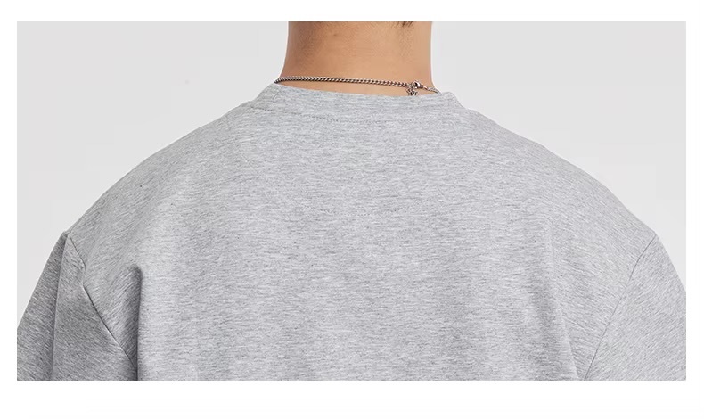 Men&rsquo;s man mens petite-, tall-, plus-, size Heavyweight 260g Contrast Cuff Casual Short Sleeves with dark grey plaid band T-Shirt round O-neck Summer Crew Neck Slightly Loose Mamba Cotton Commute Fashion Top in Gray grey