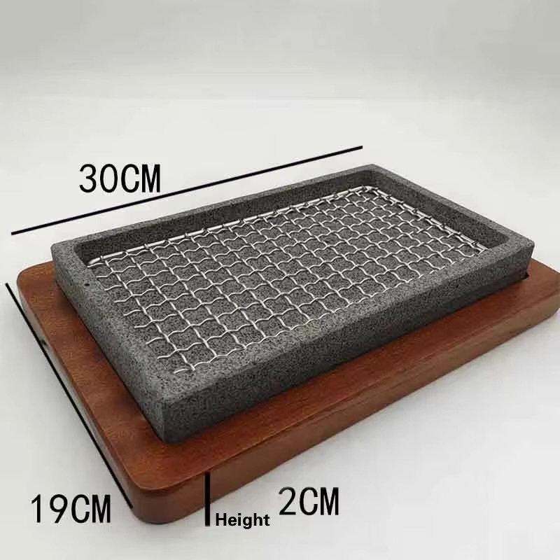 Granite Grill Slab  Dining barbecue steak serveware Western food Fried meat plate Creative volcanic stone grilled beef steaks plates fire flame cooking cookware slabs in gray grey with wooden serving base