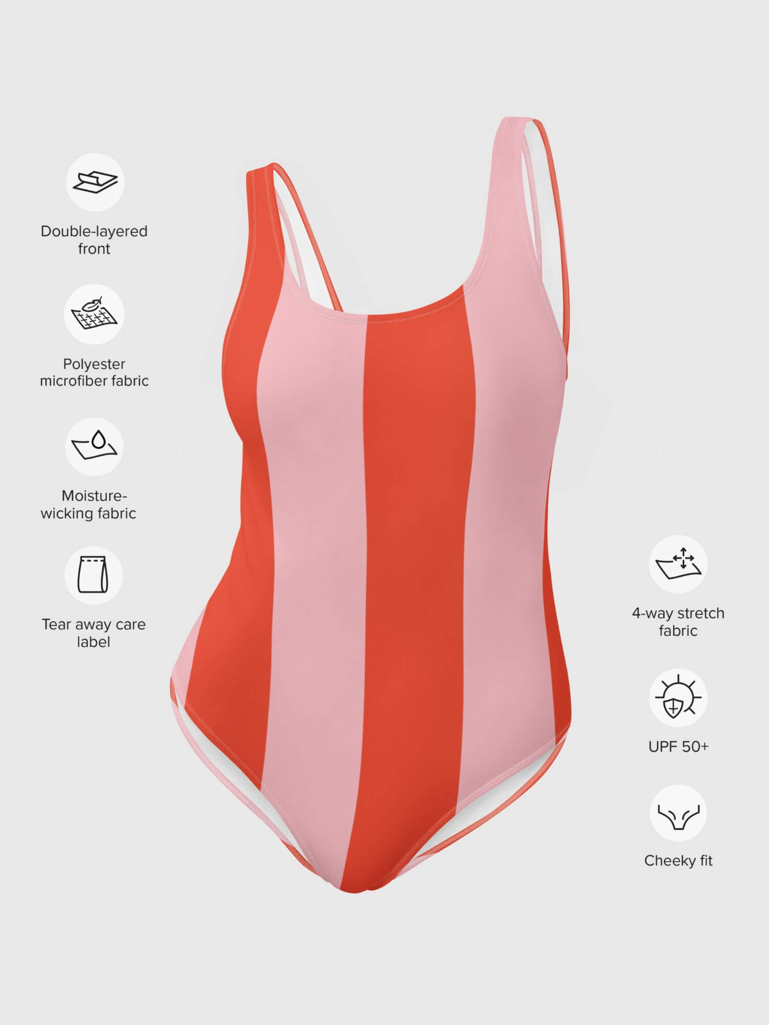 Scoopneck Deck Swimsuit        Women’s sports summer monokini for woman in dusk-, pink and orange-red front and back striped pattern womens stripes monokini sportswear grunge y2k Alternative indie beachwear vacation holiday getaway petite-, tall-, plus- size swimwear