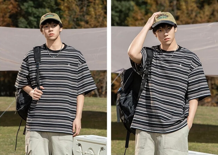 Men’s man mens Crewneck Striped Embroidery Summer Color Blocking round crew O-Neck Vintage 100℅ Cotton short sleeves for Couples T-Shirts in black multi color