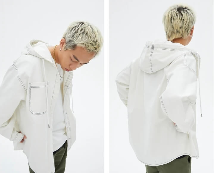 Men's man mens petite-, tall-, plus-, size 100% Cotton Denim Jacket with Hood Large Body Cargo Pockets Loose Hooded Shirt outwear Spring Autumn hooded outerwear Jackets in white