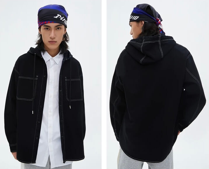 Men's man mens petite-, tall-, plus-, size 100% Cotton Denim Jacket with Hood Large Body Cargo Pockets Loose Hooded Shirt outwear Spring Autumn hooded outerwear Jackets in black