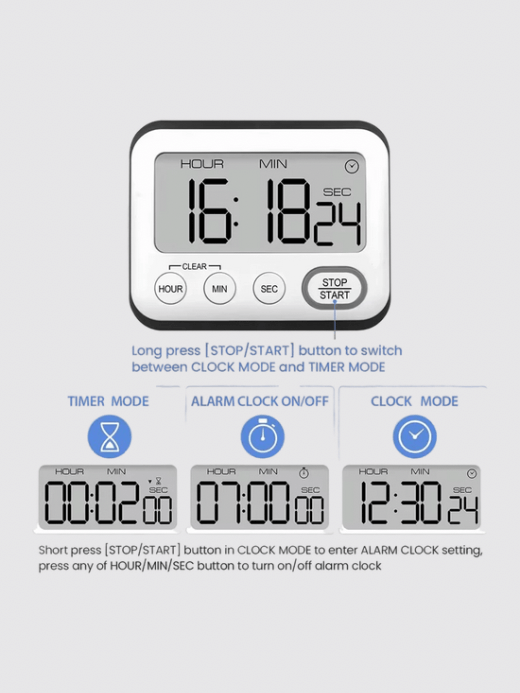 Kitchen Timer Alarm Clock  Multifunctional digital cooking clocks with large LCD Display big digits Countdown timers Easy To Use home accessory in white with black trim