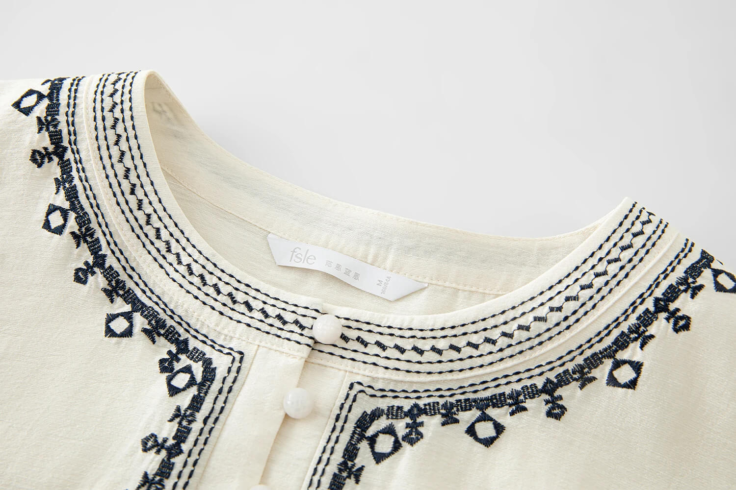 Women's Acetate-Linen Blend Resort Set - Embroidered Boho-Style set in cream off-white with black trim bohemian blouse Shirt & Flowy pleats drawstring lace-up button-up midi Skirt Casual Womens Summer outfits blouses tops and pleated drawcord tie-up skirts bohemia getaway vacation holiday sets
