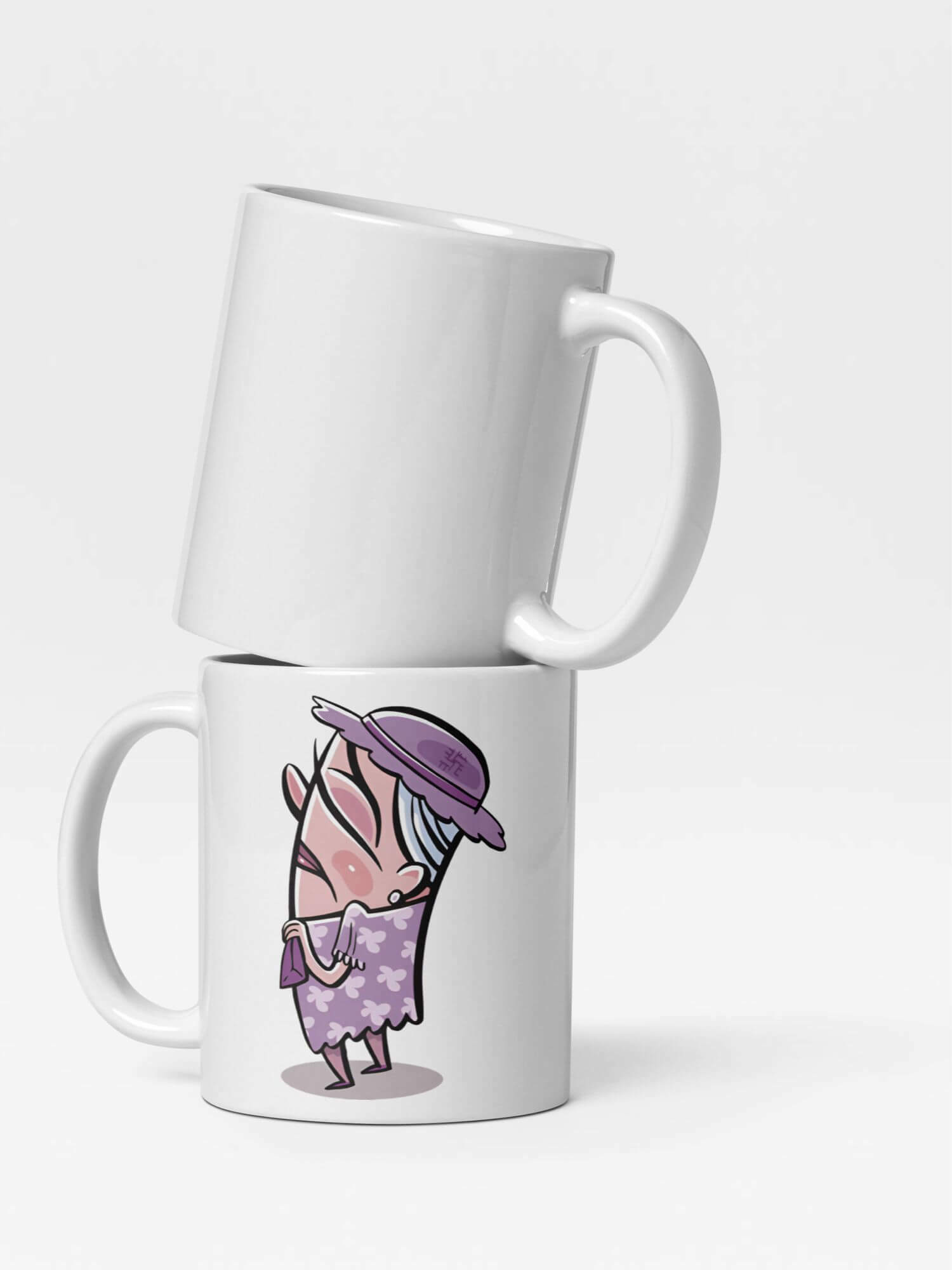 Glossy Snotty Nose Lady Mug      Japan Cartoon Woman character drinks cup coffee, tea, juice, milk drinking cups miteigi branded product item tumblers ceramics in white with purple multicolor pattern Ceramic Anime Gifts girls chicks women’s sniffy crying upset annoyed womens Japanese souvenirs mugs