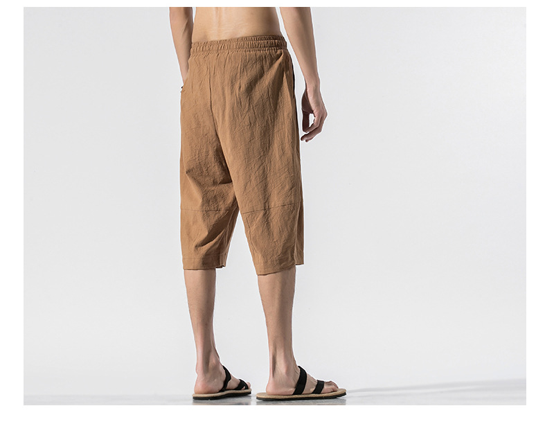 Cropped Pants in Cotton-Linen   Men’s Summer Cotton Linen Short Chinese Style Loose Breathable Casual Lace Up Mens Shorts Plus Size 4xl 5xl for Man in camel light brown color