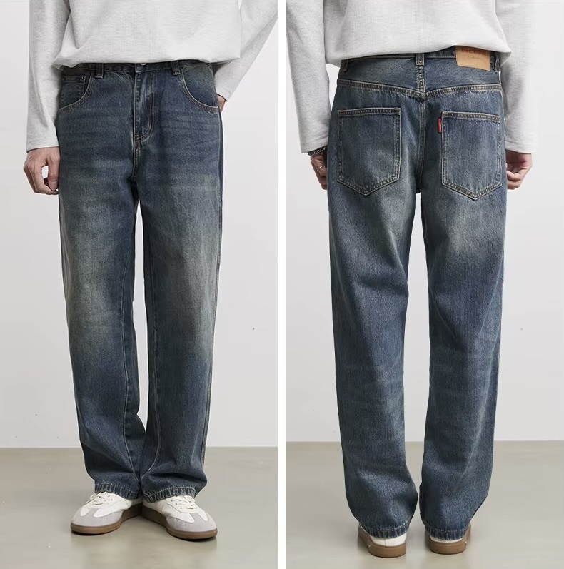 Men’s man mens petite-, tall-, plus-, size Classic Washed Retro Button Fly Mid rise waist Straight Jeans Simple Elegant Long-legged Casual Jeans Pants in dark blue