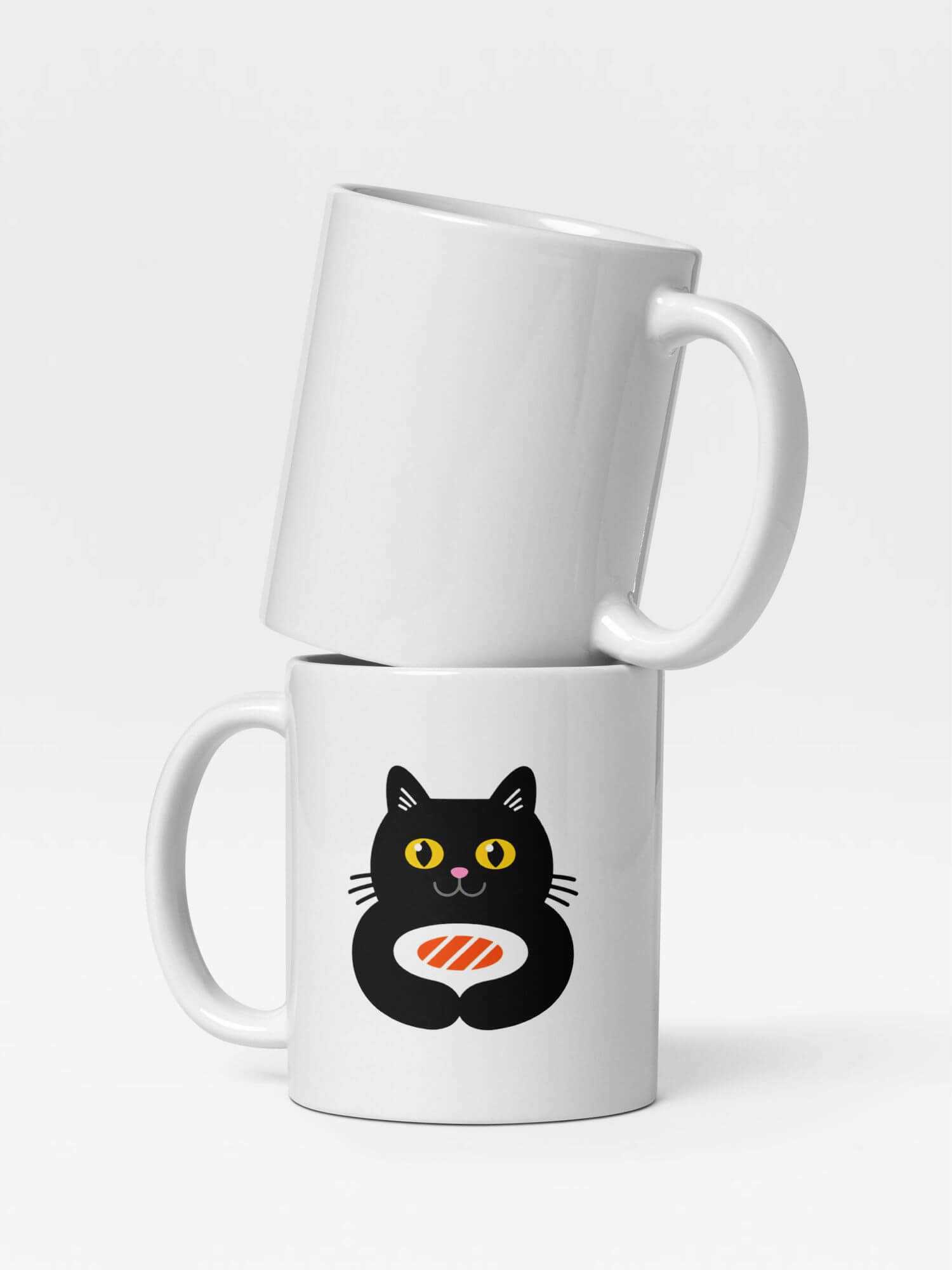 Glossy Happy Black Cat with Salmon Mug       Cartoon animal fish character drinks cup coffee, tea, juice, milk drinking cups miteigi branded product item tumblers ceramics in white with black multicolor pattern Ceramic Anime Gifts cats food hugging mugs