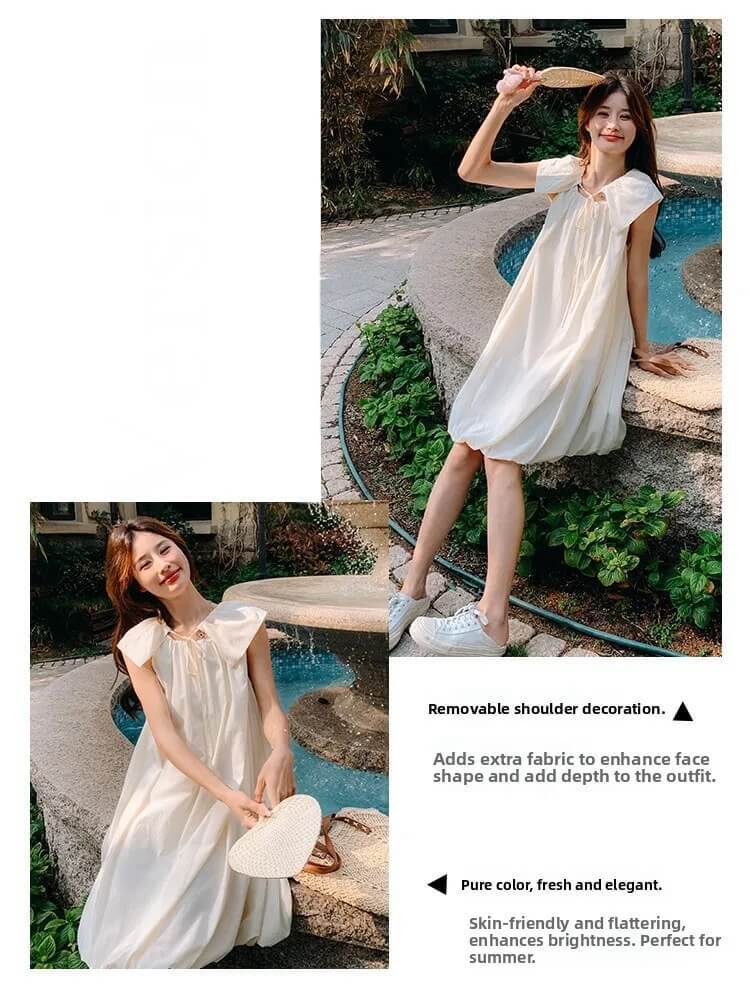Women's Woman womens petite-, tall-, plus-, size White Straps sleeveless belle French look Sle Beautiful Pure Unique Elle loose Midi Skirt A-Line Silhouette dress Summer vacation holiday getaway dresses in white with detachable sailor lace-up tie shoulder collar 