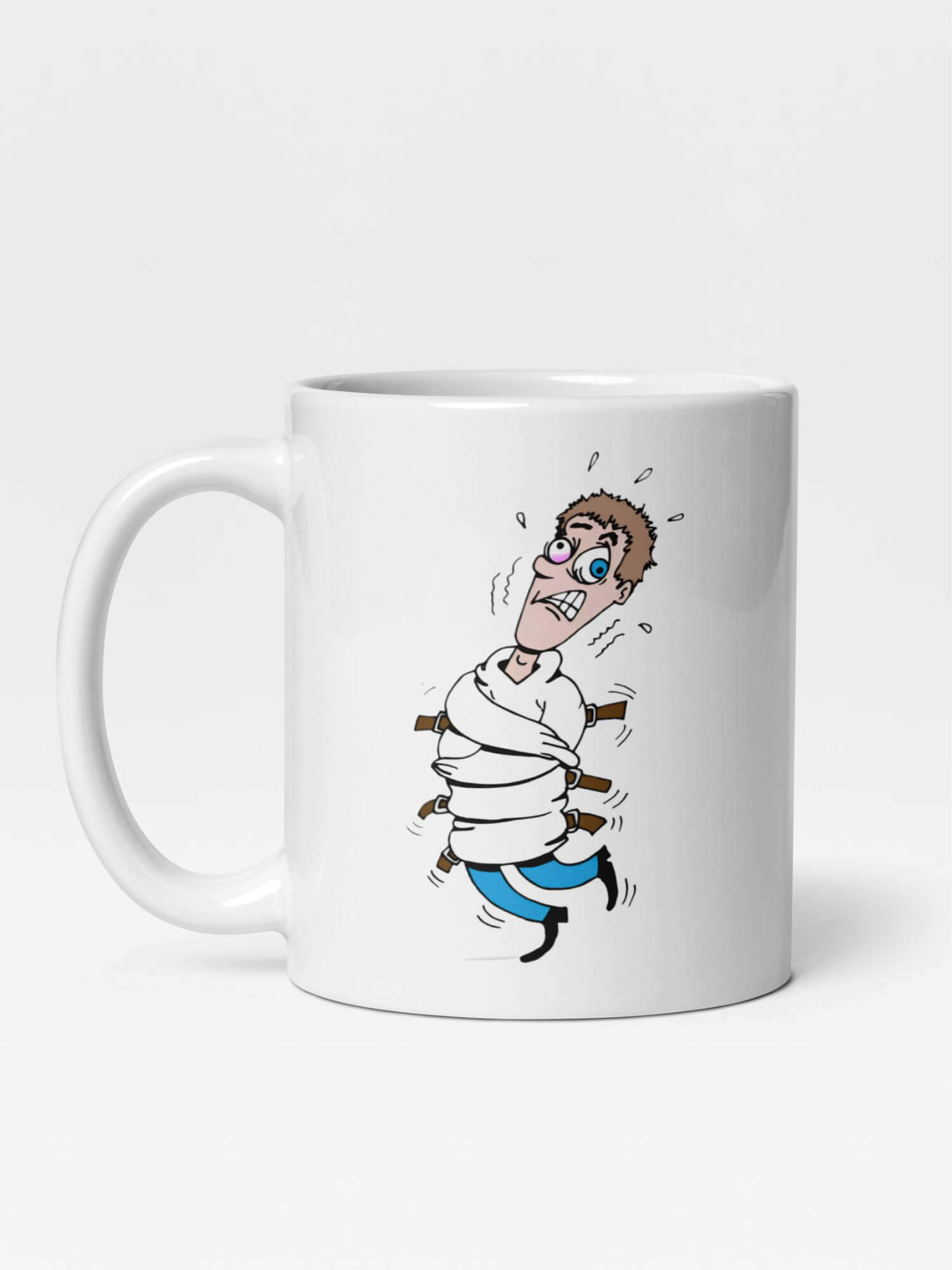 Glossy Crazy Guy in Straight Jacket Mug      Japan Cartoon Men’s character drinks cup coffee, tea, juice, milk drinking cups miteigi branded product item tumblers ceramics in white with multicolor pattern Ceramic Anime Gifts Institutionalized guys mental man sniffy crying upset annoyed mens Japanese souvenirs mugs