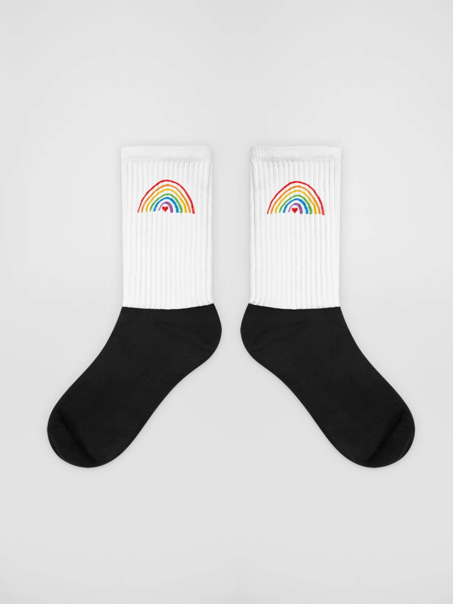 Rainbow Socks Genderful Men’s Women’s unisex anywear ribbed footwear for man woman in white with black inner soles Womens Mens lgbtq+ multicolor mid-calf tall-, plus-, size Sox 