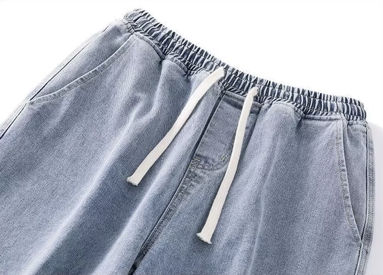 Men’s man mens petite-, tall-, plus-, size Loose Straight Washed Drawstring drawcord close Denim Jeans Spring Summer Trousers Collection Topstitch Design Casual Jeans Pants in light blue