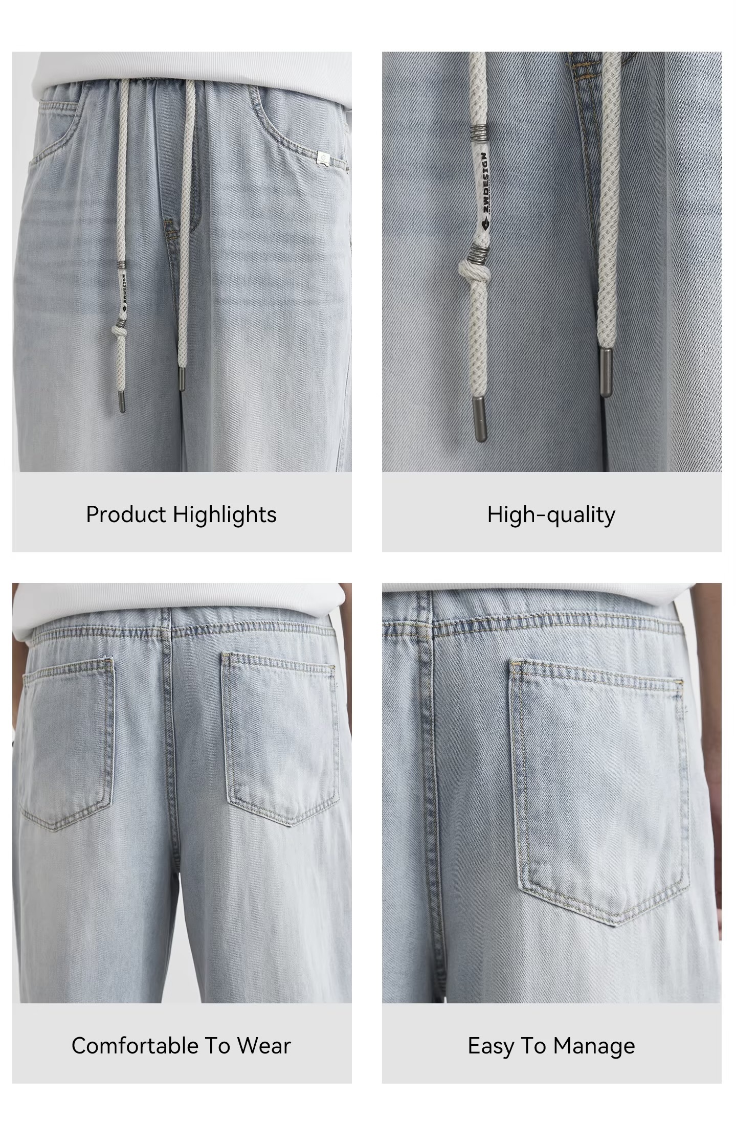 Men&rsquo;s man mens petite-, tall-, plus-, size Japanese Style Deconstructed Cut Small Curved Summer Light Blue Loose Drape Wide Leg Casual Jeans Pants in light blue