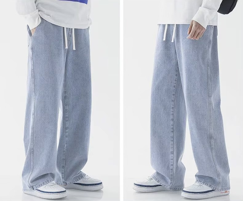 Men’s man mens petite-, tall-, plus-, size Loose Straight Washed Drawstring drawcord close Denim Jeans Spring Summer Trousers Collection Topstitch Design Casual Jeans Pants in light blue