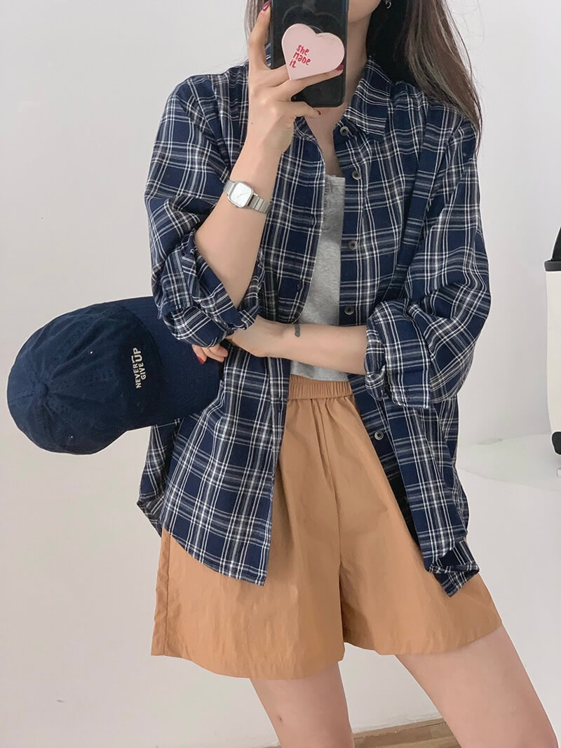 Cotton Plaid Oversized Shirt in Checkered Navy Blue