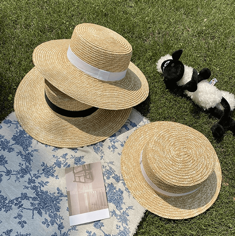 Women’s woman womens Men’s man mens Round top Panama straw flat 5/7/10cm wide brim UV protection summer holiday vacation getaway beach sun hats with black, white ribbon trim