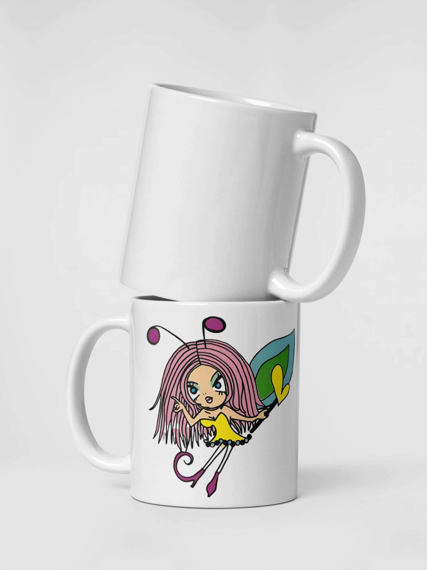 Glossy Fairy Girl Mug     Japan Cartoon women’s character drinks cup coffee, tea, juice, milk drinking cups miteigi branded product item tumblers ceramics in white with pink multicolor pattern Ceramic Anime Gifts womens girls gen z generation A woman Japanese souvenirs mugs