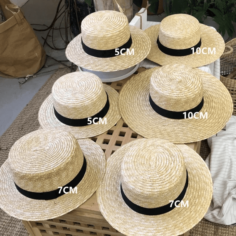 Women’s woman womens Men’s man mens Round top Panama straw flat 5/7/10cm wide brim UV protection summer holiday vacation getaway beach sun hats with black, white ribbon trim