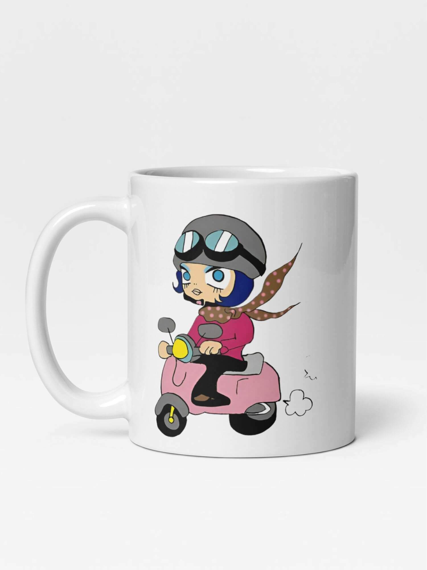 Glossy Moped Girl Mug     Japan Cartoon women’s Motorbike character drinks cup coffee, tea, juice, milk drinking cups miteigi branded product item tumblers ceramics in white with pink multicolor pattern Ceramic Anime Gifts womens biker girls gen z generation A woman Japanese souvenirs mugs