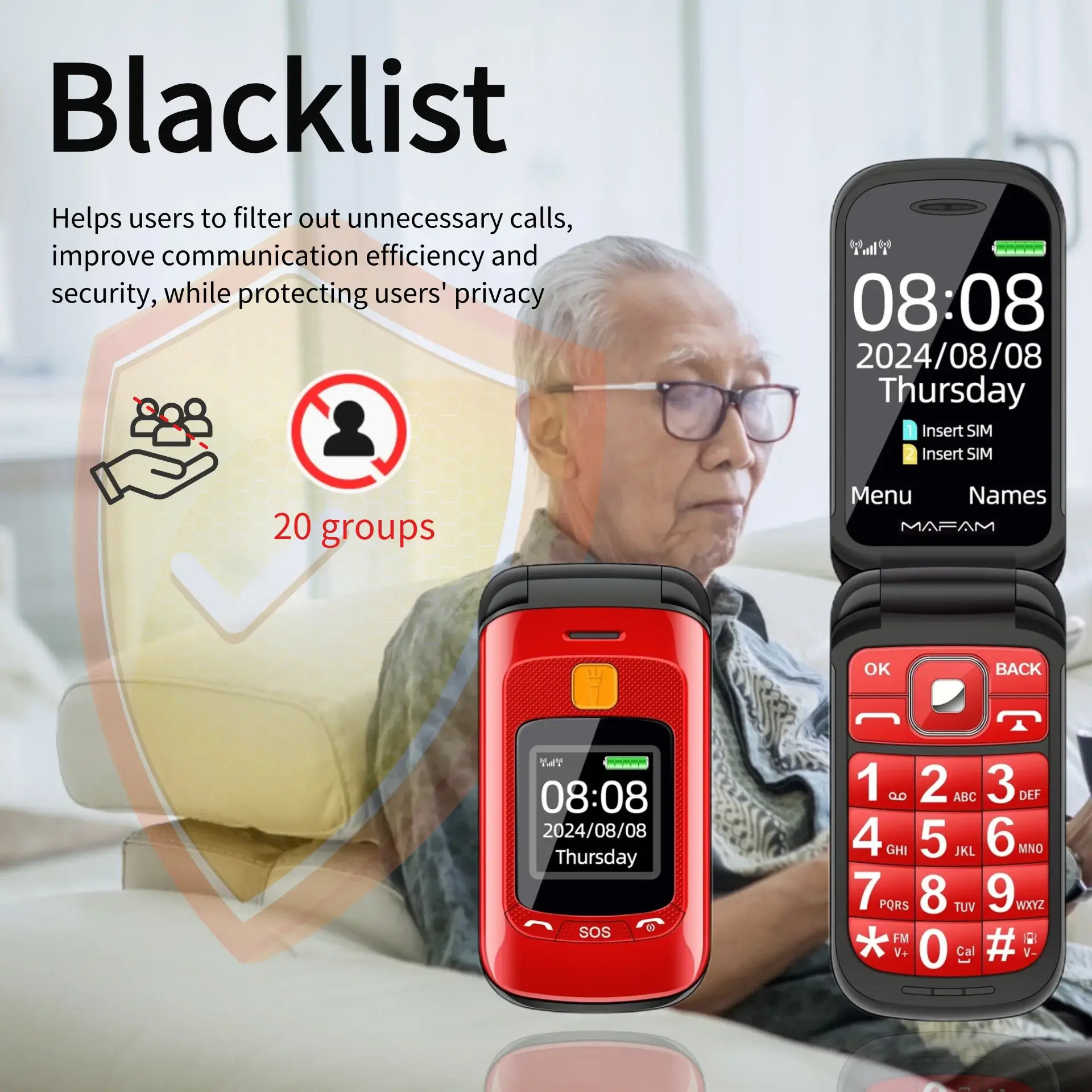 Senior Flip Big Button Dual Display Mobile Phone For Elderly Two SIM Card Large Button Speed Dial Flashlight FM Radio Push Button SOS Call cellular phones in black, red