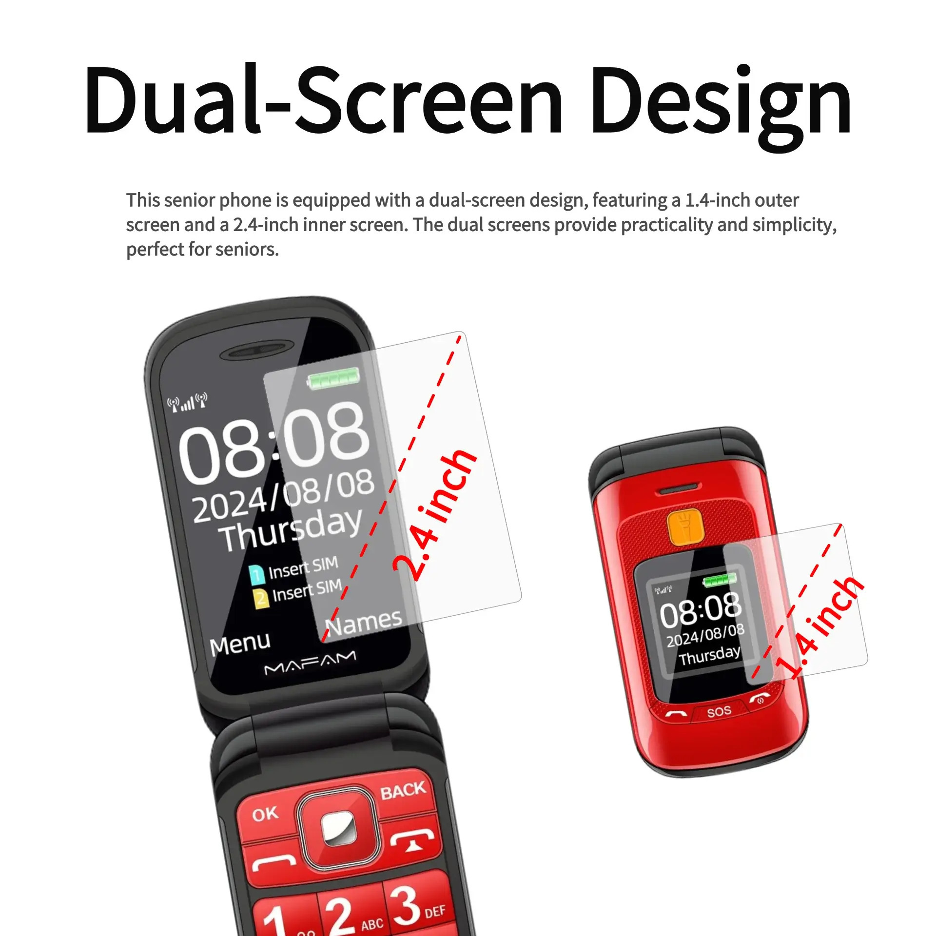 Senior Flip Big Button Dual Display Mobile Phone For Elderly Two SIM Card Large Button Speed Dial Flashlight FM Radio Push Button SOS Call cellular phones in black, red