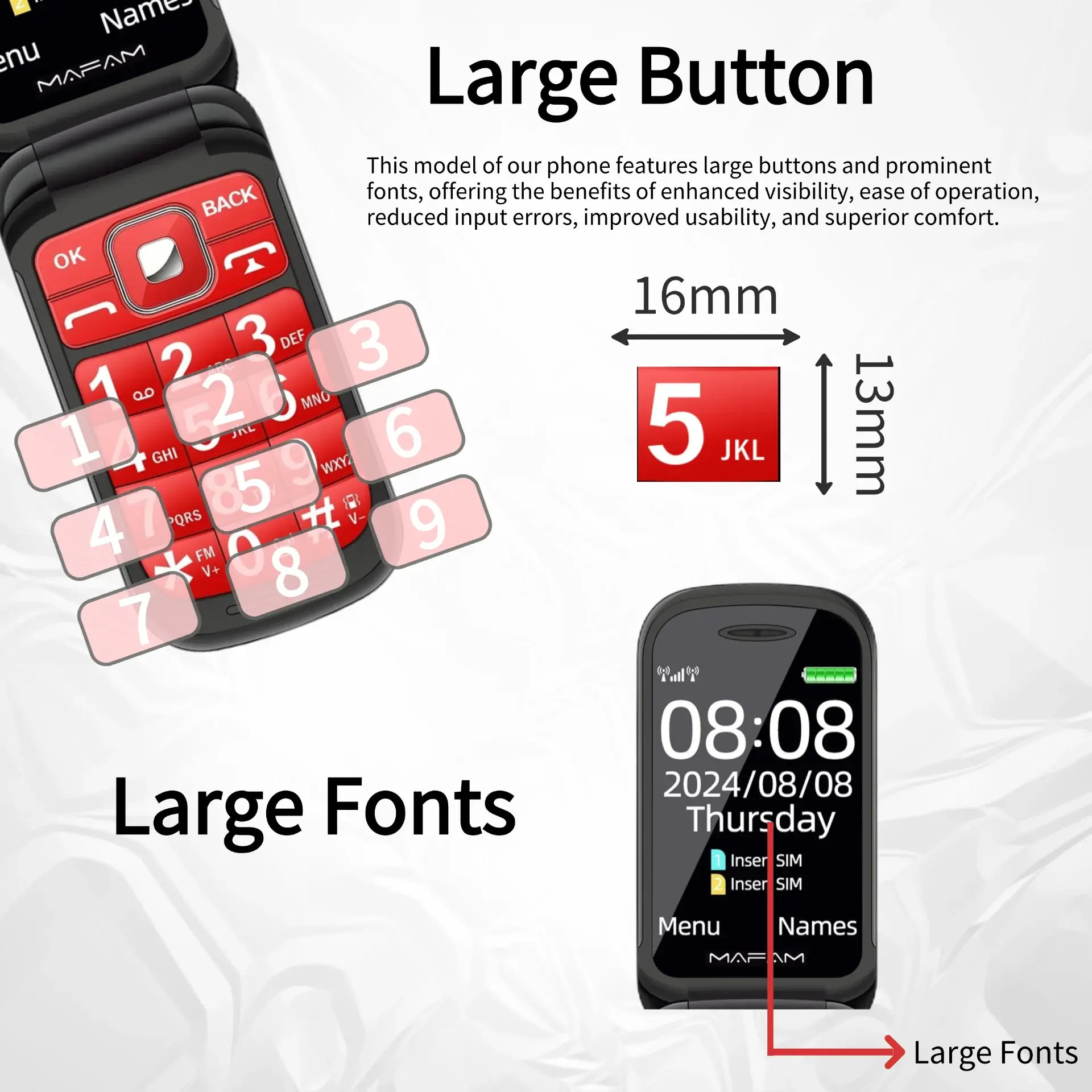 Senior Flip Big Button Dual Display Mobile Phone For Elderly Two SIM Card Large Button Speed Dial Flashlight FM Radio Push Button SOS Call cellular phones in black, red