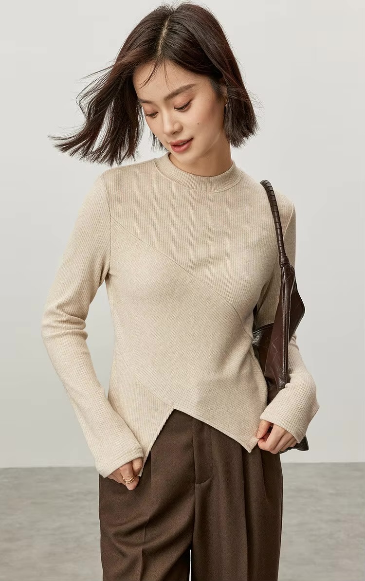 Irregular Knit T-Shirt    Women’s Patchwork slim fit solid knitted round O-neck long sleeves slit pullover tees for woman in Oats oatmeal color Female petite-, plus-, size ribbed crewneck T-shirts Fall Autumn Winter womens rib crew neck clothing tops #143T57003