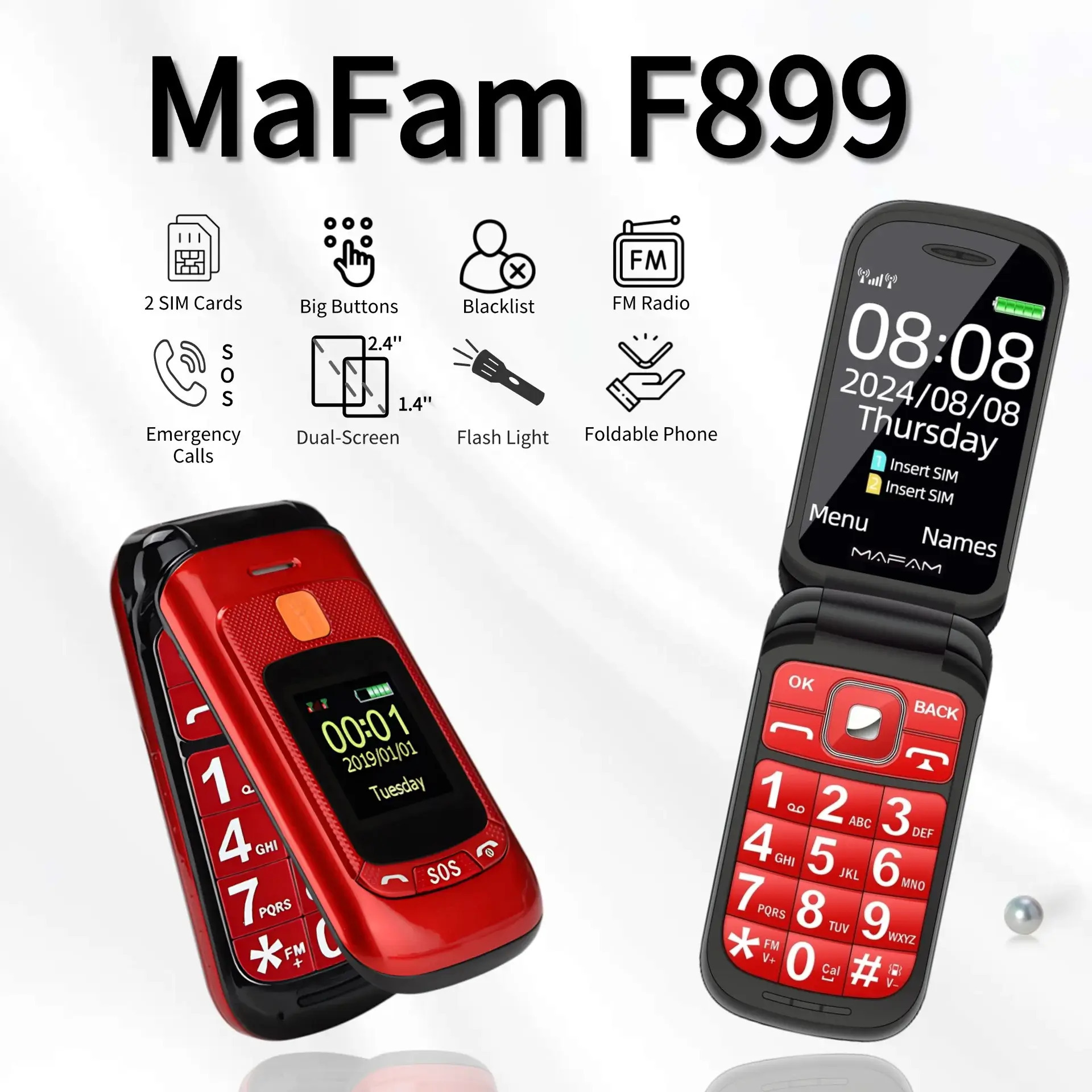 Senior Flip Big Button Dual Display Mobile Phone For Elderly Two SIM Card Large Button Speed Dial Flashlight FM Radio Push Button SOS Call cellular phones in black, red