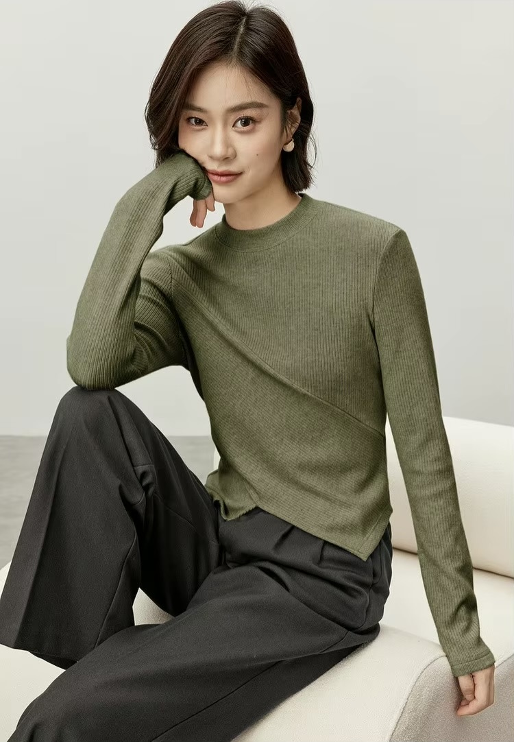 Irregular Knit T-Shirt    Women’s Patchwork slim fit solid knitted round O-neck long sleeves slit pullover tees for woman in Olive green Female petite-, plus-, size ribbed crewneck T-shirts Fall Autumn Winter womens rib crew neck clothing tops #143T57003