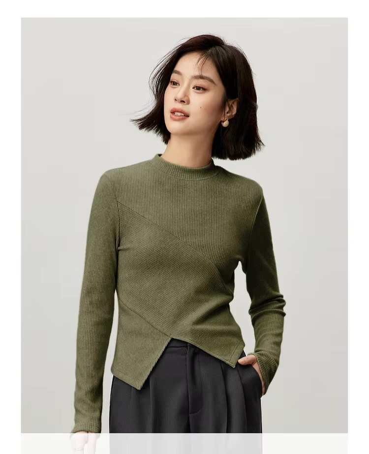 Irregular Knit T-Shirt    Women’s Patchwork slim fit solid knitted round O-neck long sleeves slit pullover tees for woman in Olive green Female petite-, plus-, size ribbed crewneck T-shirts Fall Autumn Winter womens rib crew neck clothing tops #143T57003