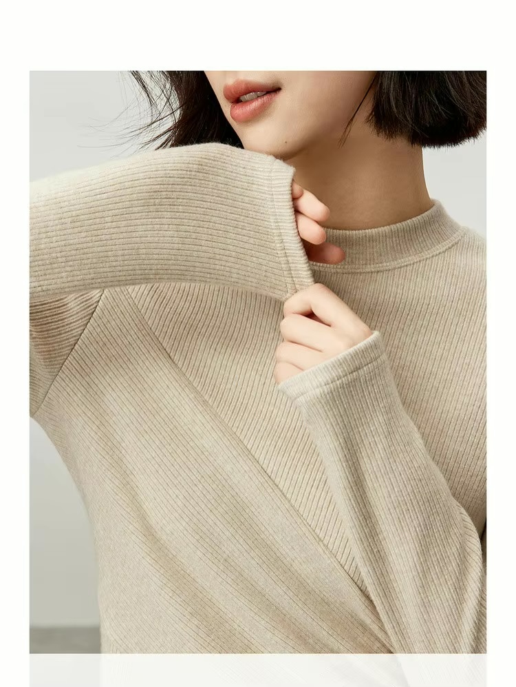 Irregular Knit T-Shirt    Women’s Patchwork slim fit solid knitted round O-neck long sleeves slit pullover tees for woman in Oats oatmeal color Female petite-, plus-, size ribbed crewneck T-shirts Fall Autumn Winter womens rib crew neck clothing tops #143T57003