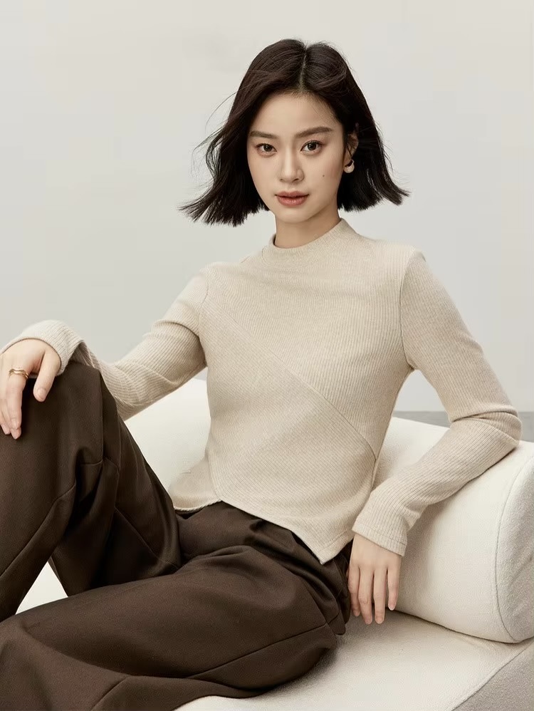 Irregular Knit T-Shirt    Women’s Patchwork slim fit solid knitted round O-neck long sleeves slit pullover tees for woman in Oats oatmeal color Female petite-, plus-, size ribbed crewneck T-shirts Fall Autumn Winter womens rib crew neck clothing tops #143T57003