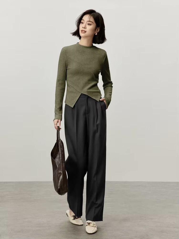 Irregular Knit T-Shirt    Women’s Patchwork slim fit solid knitted round O-neck long sleeves slit pullover tees for woman in Olive green Female petite-, plus-, size ribbed crewneck T-shirts Fall Autumn Winter womens rib crew neck clothing tops #143T57003