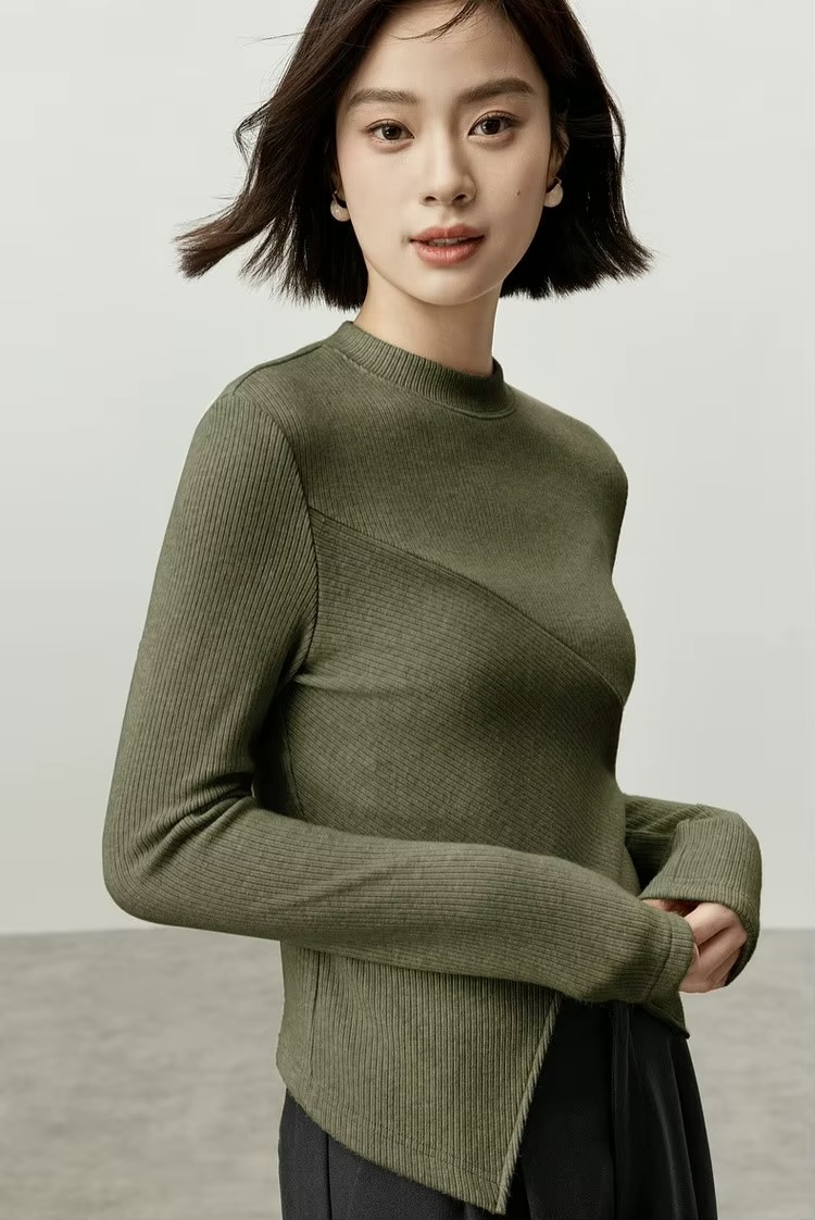 Irregular Knit T-Shirt    Women’s Patchwork slim fit solid knitted round O-neck long sleeves slit pullover tees for woman in Olive green Female petite-, plus-, size ribbed crewneck T-shirts Fall Autumn Winter womens rib crew neck clothing tops #143T57003