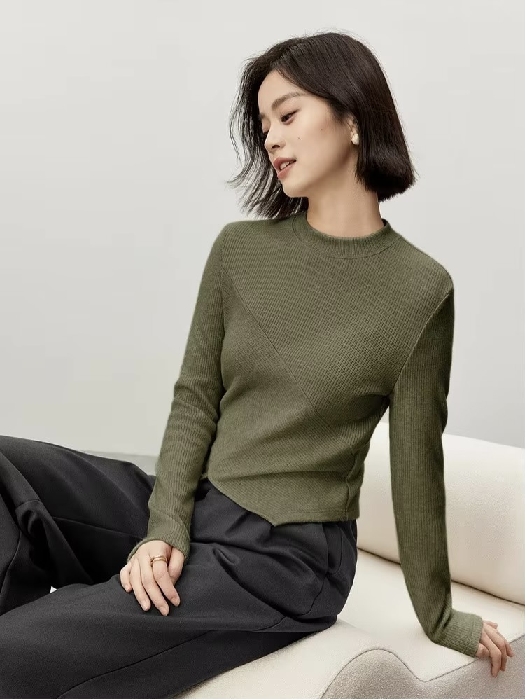 Irregular Knit T-Shirt    Women’s Patchwork slim fit solid knitted round O-neck long sleeves slit pullover tees for woman in Olive green Female petite-, plus-, size ribbed crewneck T-shirts Fall Autumn Winter womens rib crew neck clothing tops #143T57003