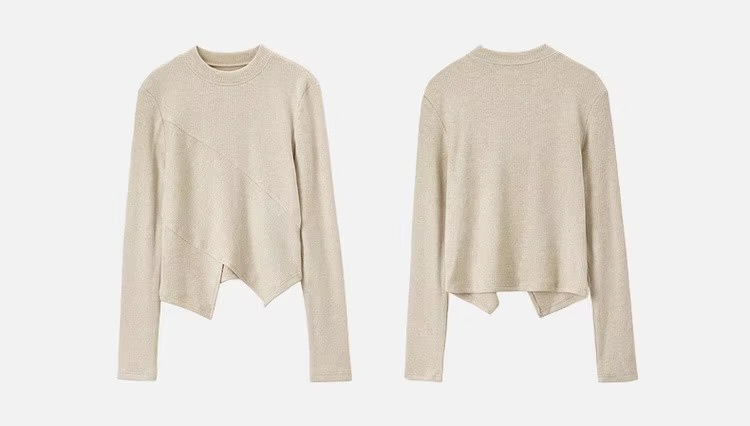 Irregular Knit T-Shirt    Women’s Patchwork slim fit solid knitted round O-neck long sleeves slit pullover tees for woman in Oats oatmeal color Female petite-, plus-, size ribbed crewneck T-shirts Fall Autumn Winter womens rib crew neck clothing tops #143T57003