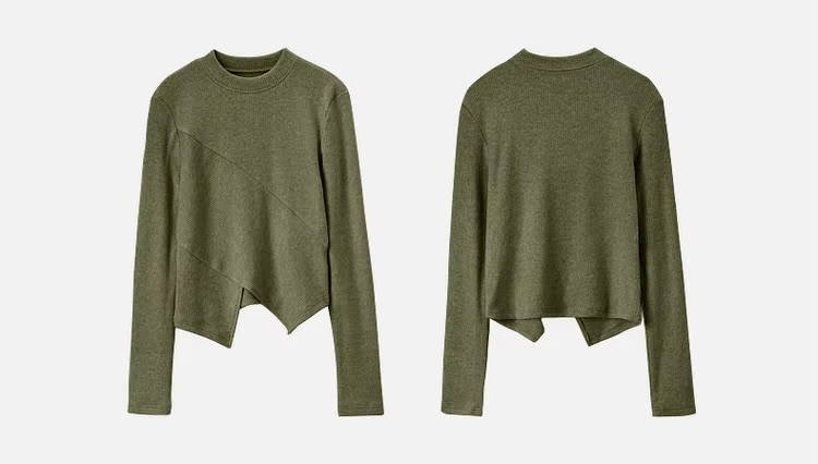 Irregular Knit T-Shirt    Women’s Patchwork slim fit solid knitted round O-neck long sleeves slit pullover tees for woman in Olive green Female petite-, plus-, size ribbed crewneck T-shirts Fall Autumn Winter womens rib crew neck clothing tops #143T57003