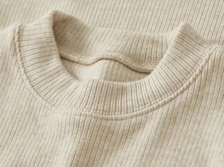 Irregular Knit T-Shirt    Women’s Patchwork slim fit solid knitted round O-neck long sleeves slit pullover tees for woman in Oats oatmeal color Female petite-, plus-, size ribbed crewneck T-shirts Fall Autumn Winter womens rib crew neck clothing tops #143T57003