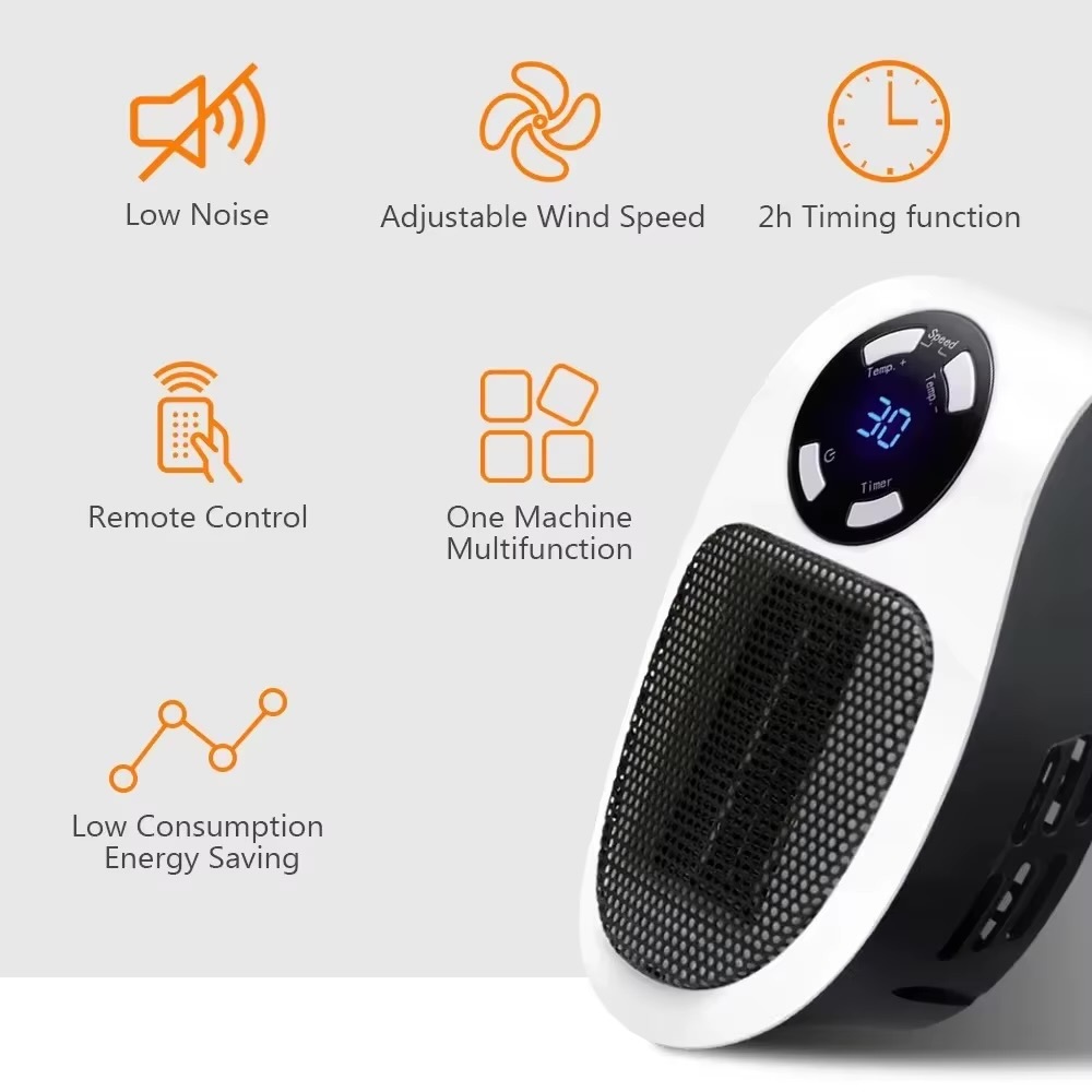 Mini Remote Room Warmer  Portable plug in wall electric room heater Multifunctional heating machine Home electrical heaters appliance in white with black accent