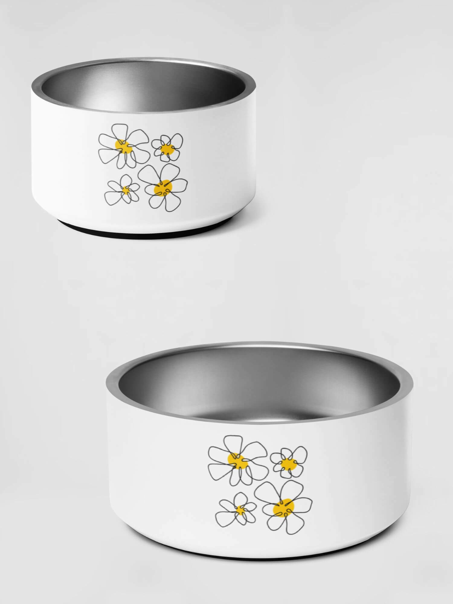 Daisy Pet Bowl    Stainless steel Animal floral food water bowls for dogs, cats in white with yellow flower design print Pets feeding drinking animals care  In 18-Oz and 32-Oz sizes