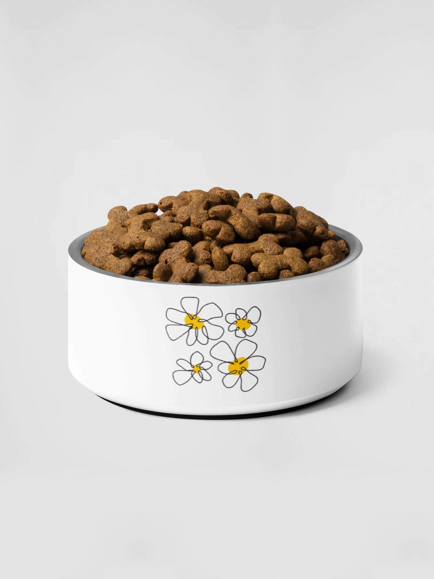 Daisy Pet Bowl    Stainless steel Animal floral food water bowls for dogs, cats in white with yellow flower design print Pets feeding drinking animals care  32-Oz size